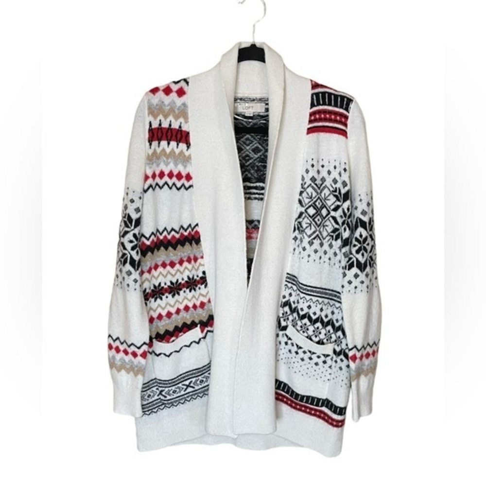 Loft Long Cardigan Southwestern Serape Stripe Sweater Red Black White Size Small